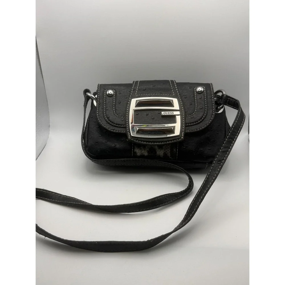 Vtg Guess Black Ostrich Snakeskin Crossbody Purse‎ Bag Silver G Logo Buckle Y2K